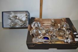 Two boxes of various silver plated cutlery, candlesticks, cruet items etc