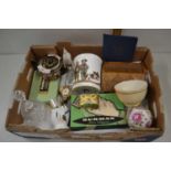Box of various assorted small ceramics, napkin rings, carved wooden box etc