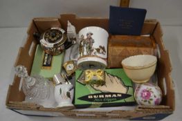 Box of various assorted small ceramics, napkin rings, carved wooden box etc