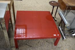 Modern red finish glass top coffee table, 80cm square