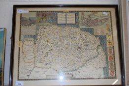 Reproduction coloured map of Norfolk, framed and glazed