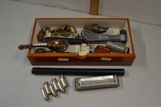 Box containing mouth organ, cigarette lighter, various other assorted items
