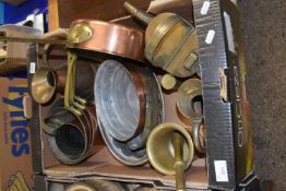 Box of various copper and brass wares to include range of various saucepans, moulds, pestle and