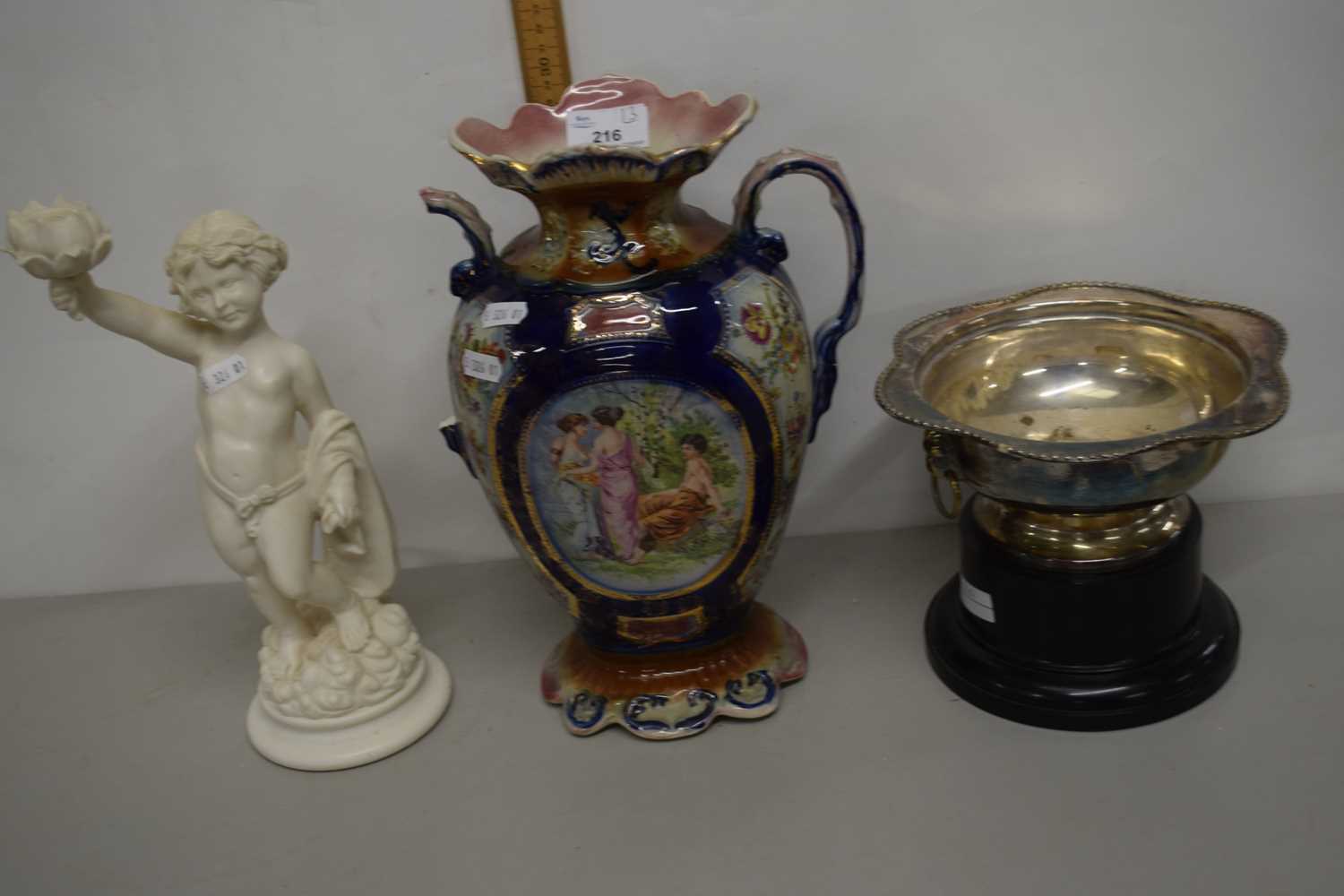 Mixed Lot: Silver plated trophy bowl together with a composition figure and a blue glazed vase