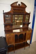 Edwardian rosewood and inlaid mirror back side cabinet with arched pediment