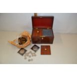 Small mahogany tea caddy containing various pre-decimal pennies and commemorative crowns