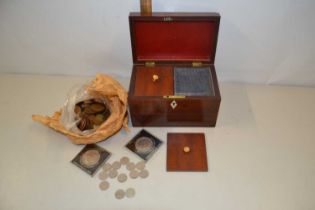 Small mahogany tea caddy containing various pre-decimal pennies and commemorative crowns