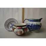 Mixed Lot: Large reproduction white iron stone jug, a further continental jardiniere and a blue