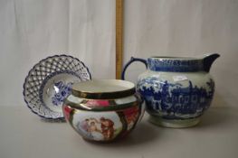 Mixed Lot: Large reproduction white iron stone jug, a further continental jardiniere and a blue