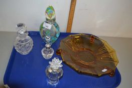 Tray of mixed items to include glass scent bottles and an amber glass dish