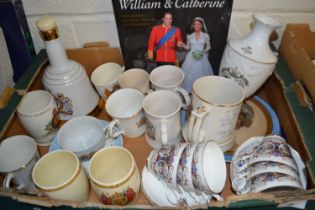 Box of various royalty ceramics plus a further book William and Catherine