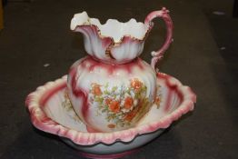 Pink and floral decorated wash jug and basin