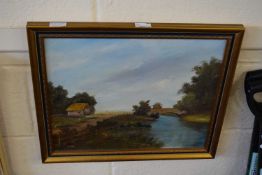 River scene with fields beyond, oil on canvas, framed and another similar (2)