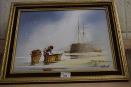 Fishermen by a Harbour, oil on canvas, framed