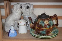 A pair of Staffordshire style dogs, a novelty teapot and other ceramics