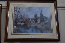 Cottage by a river, reproduction print, framed and glazed