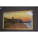 View of Cromer showing the church tower, beach and jetty by Harry Faux, oil on board, 34cm wide,