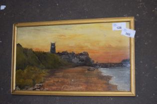 View of Cromer showing the church tower, beach and jetty by Harry Faux, oil on board, 34cm wide,