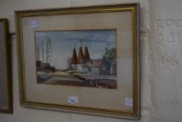 Watercolour of oast houses, framed and glazed