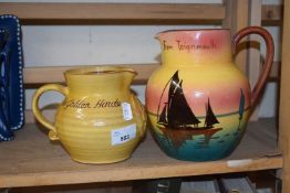 Two jugs, one commemorative of the Golden Hind