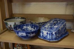 Mixed Lot: Chinese export bowl, blue and white cheese dish and cover and two other dishes