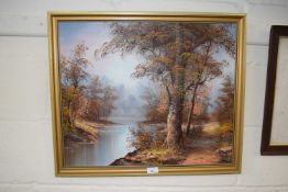 Woodland landscape with a river, oil on canvas, framed