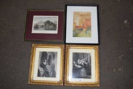 Pair of gilt framed engravings together with a watercolour of Cromer Church and another (4)