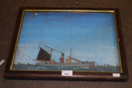 A diarama of a fishing boat, framed