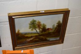 Cottage by a lane, oil on canvas in gilt frame