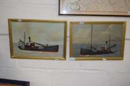 Two framed pictures of fishing boats, oil on board, framed