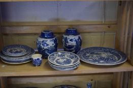 Quantity of blue and white china to include a pair of ginger jars and covers