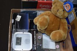 Mixed Lot: Teddy bear alarm clock, camera, binoculars etc