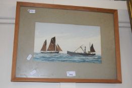 Watercolour of fishing boats at sea