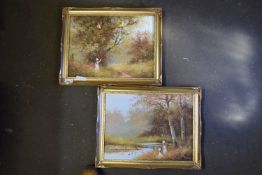 Pair of countryside scenes with children, oil on canvas, gilt frames