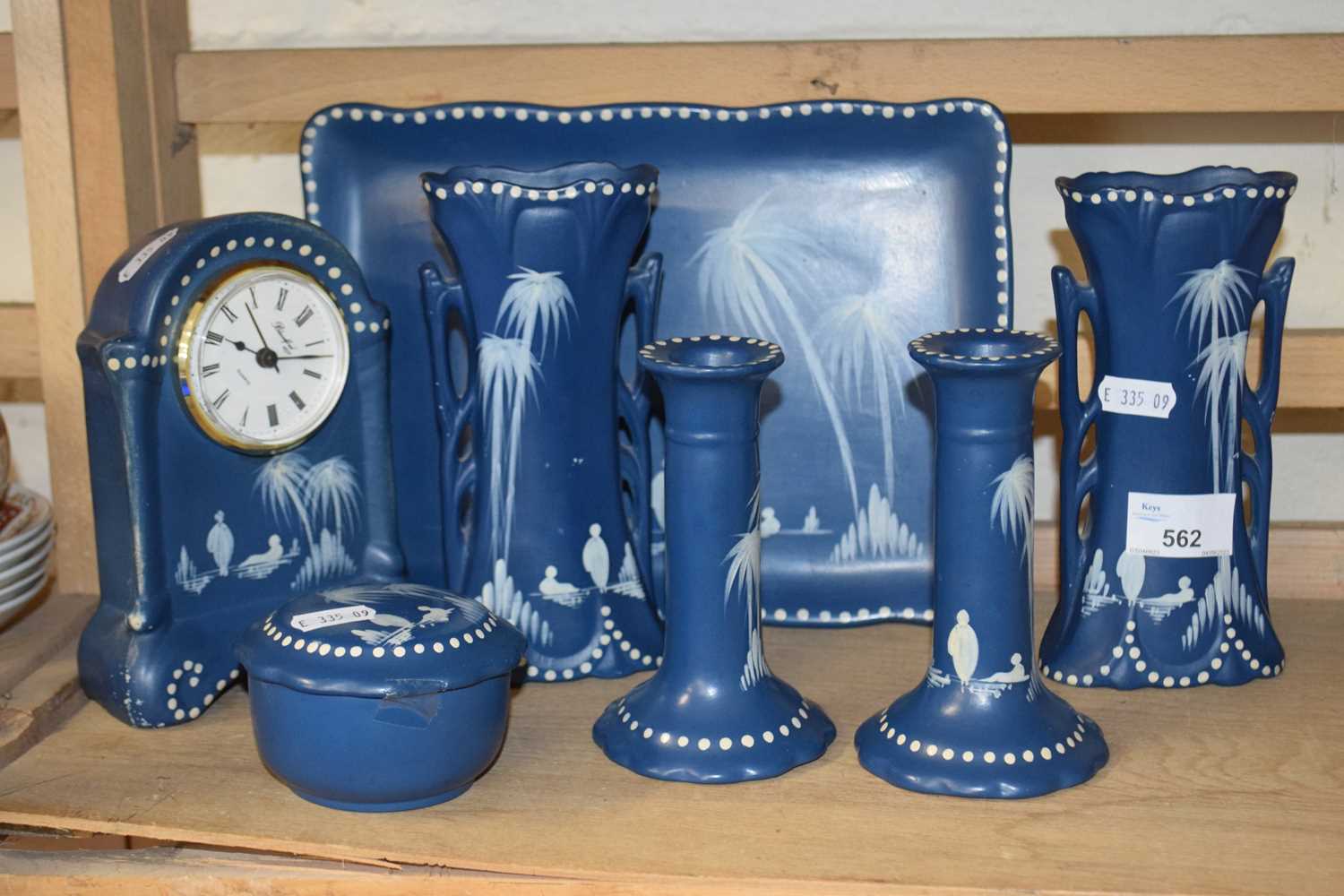 Blue and white painted dressing table set with matching mantel clock