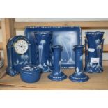 Blue and white painted dressing table set with matching mantel clock