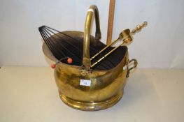 Brass coal bucket, fire tongs and a retro wire work fruit bowl