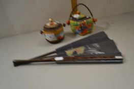Two small Japanese Satsuma pots together with a fan
