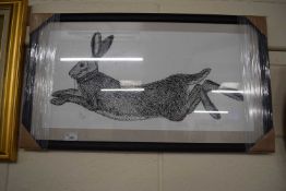 Contemporary black and white study of a hare, framed and glazed