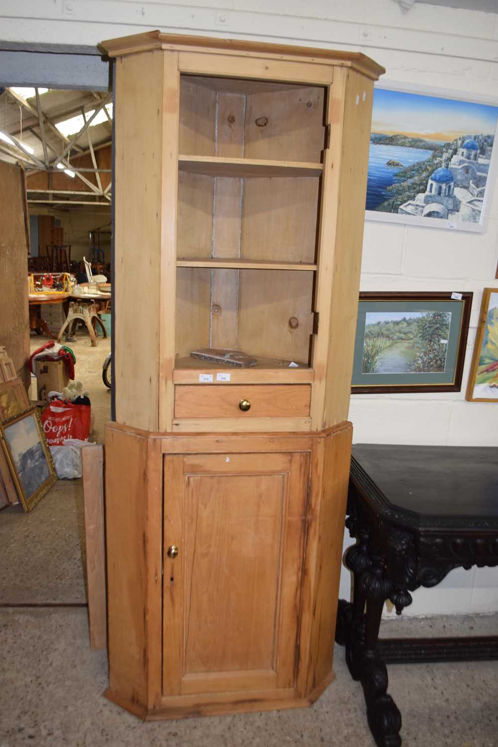 Composite two piece pine corner cabinet, top door detached