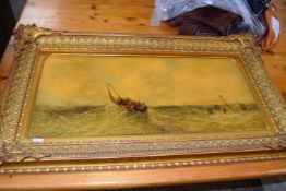 Oleograph study of ship on rough seas set in an ornate gilt frame 102cm wide