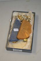 Mixed Lot: Vintage powder compact with rising sun decoration, various costume jewellery, decanter