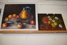 Reig, still life study of fruit and a copper jug, oil on canvas together with another similar (2)