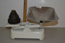 Pair of vintage kitchen scales and weights