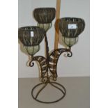 Metal framed three branch candle holder together with further wicker vase and a model peacock (3)