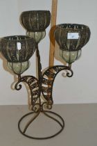 Metal framed three branch candle holder together with further wicker vase and a model peacock (3)
