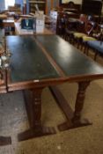 Pair of 20th Century oak framed and leather topped library side tables, tops 172 x 50cm