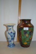 Cloisonne vase decorated with birds amongst foliage together with a modern Delft vase