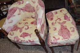 20th Century tub chair and accompanying stool, upholstered in fish decorated fabric