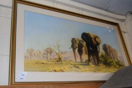 David Shepherd, coloured print of elephants, framed and glazed